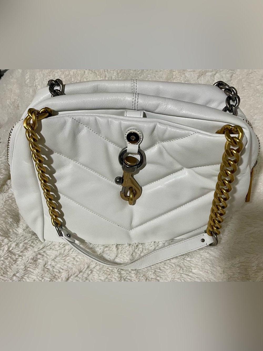 Rebecca Minkoff White Quilted Chevron Shoulder Bag with Mixed Metal Chain Strap